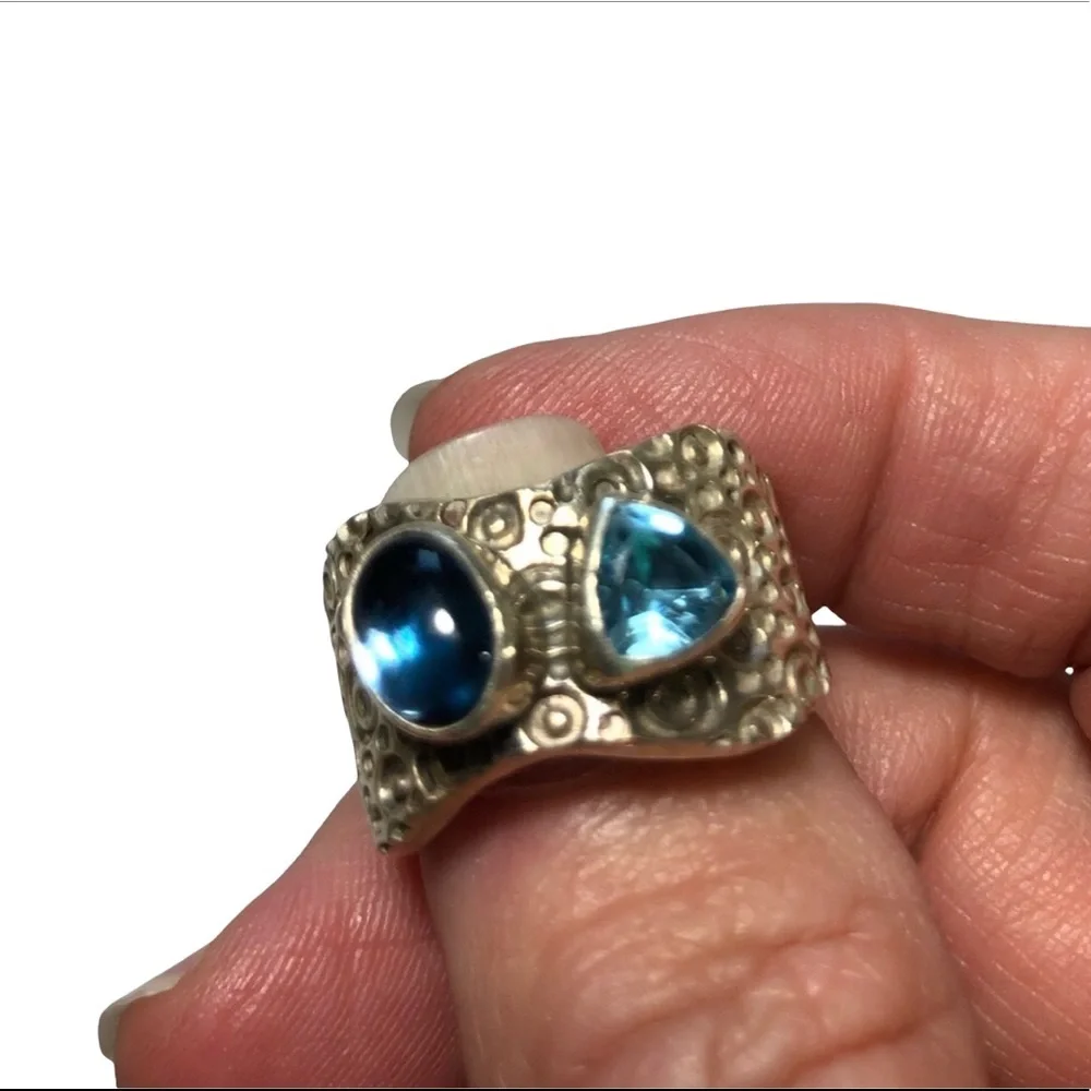 Double Stone Blue Topaz Wide Hammered Band Sterling Silver Ring sz 7 Cocktail